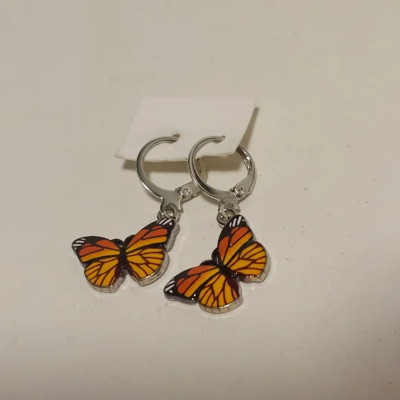 Drop Dangle Monarch Butterfly Earrings Fashion Silver Tone Insect Jewelry Orange - Picture 2 of 6